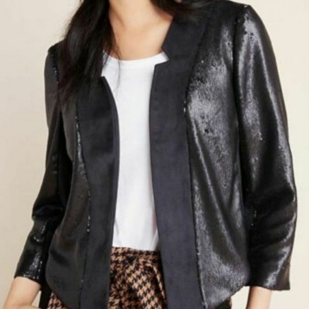 Anthropologie NWT Shonda Black Sequin Cropped Blazer Jacket Large